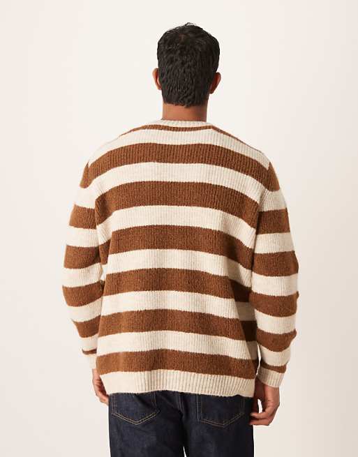 DESIGN Relaxed Knitted Crew Neck Jumper In Brown And Beige Stripe