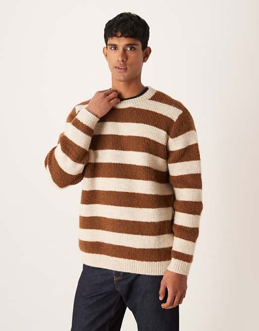 DESIGN relaxed knitted crew neck jumper in brown and beige stripe