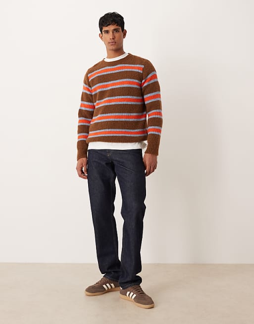 DESIGN Relaxed Knitted Crew Neck Jumper In Brown And Orange Stripe