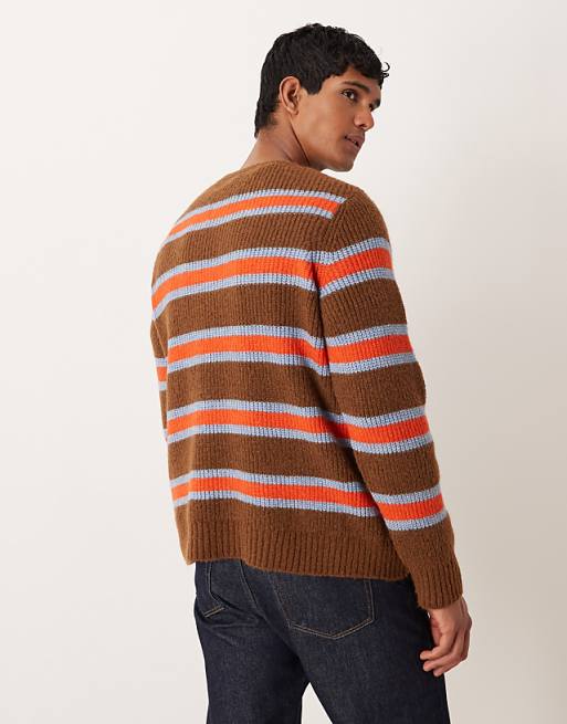 DESIGN Relaxed Knitted Crew Neck Jumper In Brown And Orange Stripe