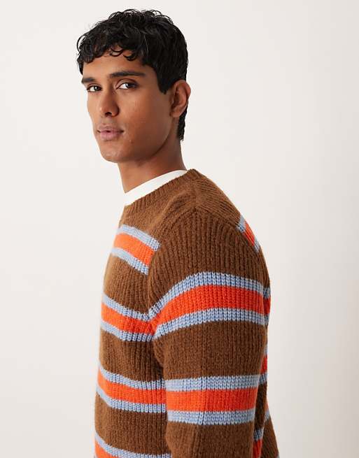 DESIGN Relaxed Knitted Crew Neck Jumper In Brown And Orange Stripe