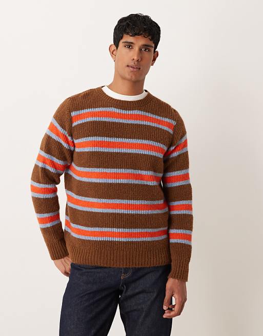 DESIGN relaxed knitted crew neck jumper in brown and orange stripe
