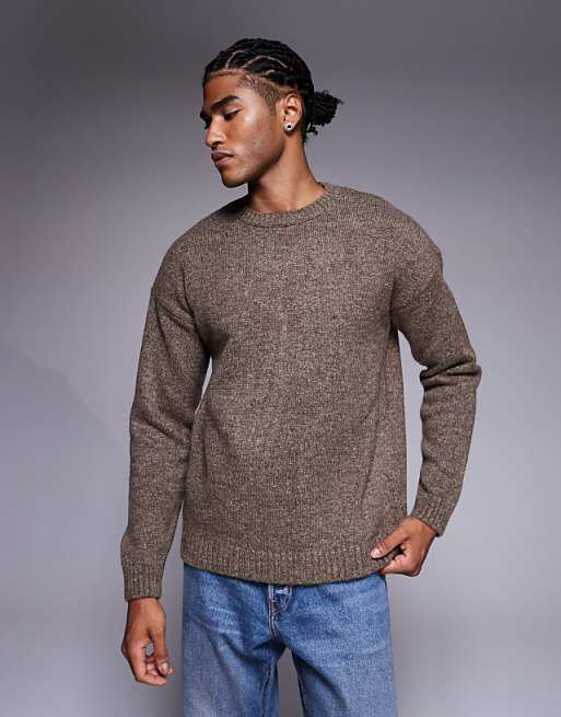 DESIGN relaxed knitted crew neck jumper in brown marl