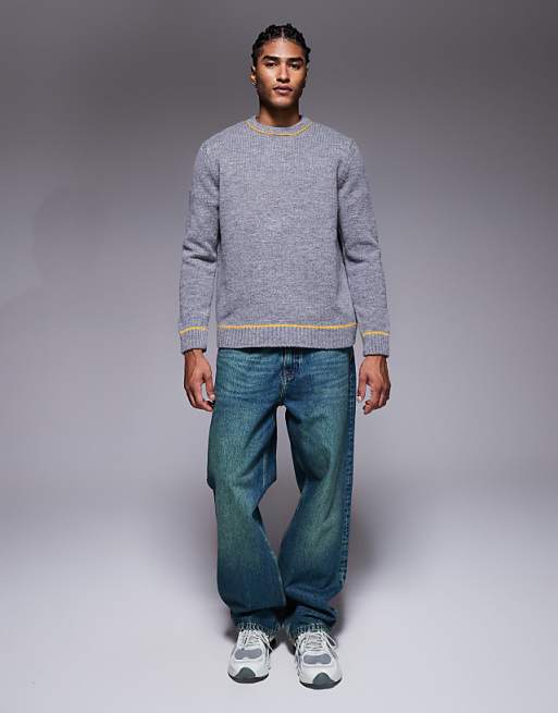 DESIGN Relaxed Knitted Crew Neck Jumper In Charcoal With Contrast Stitch