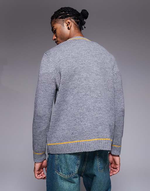 DESIGN Relaxed Knitted Crew Neck Jumper In Charcoal With Contrast Stitch