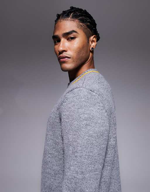 DESIGN Relaxed Knitted Crew Neck Jumper In Charcoal With Contrast Stitch