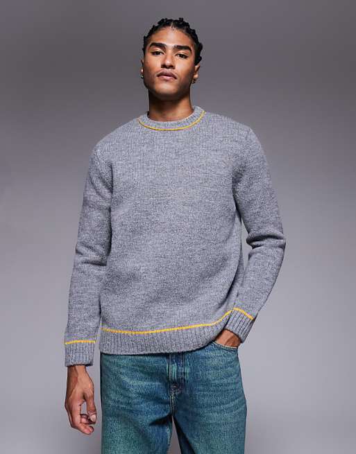 DESIGN relaxed knitted crew neck jumper in charcoal with contrast stitch