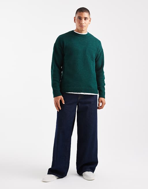 DESIGN Relaxed Knitted Crew Neck Jumper In Dark Green