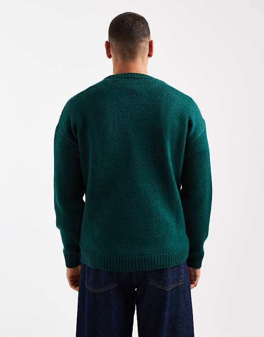 DESIGN Relaxed Knitted Crew Neck Jumper In Dark Green