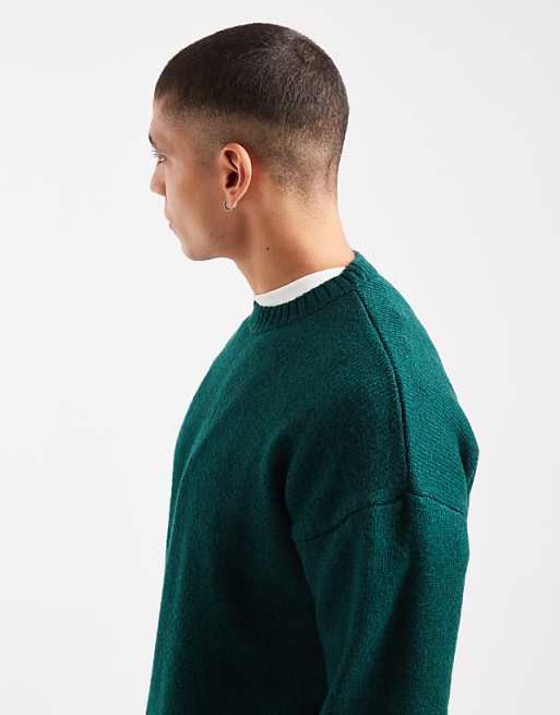 DESIGN Relaxed Knitted Crew Neck Jumper In Dark Green