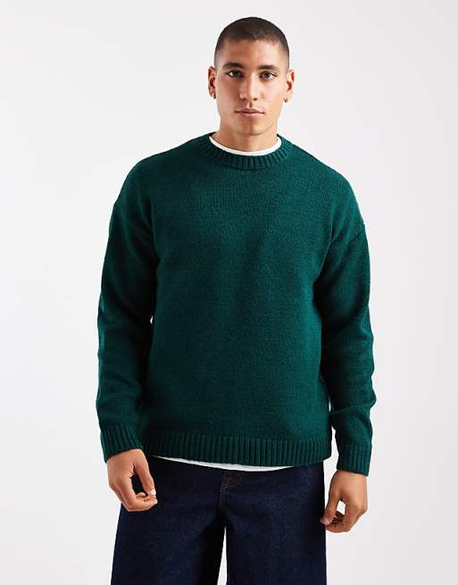 DESIGN relaxed knitted crew neck jumper in dark green