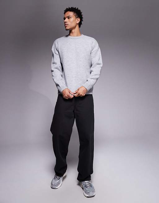 DESIGN Relaxed Knitted Crew Neck Jumper In Grey