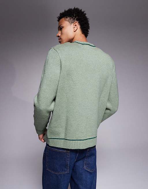 DESIGN Relaxed Knitted Crew Neck Jumper In Green With Contrast Stitch