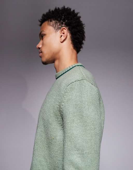 DESIGN Relaxed Knitted Crew Neck Jumper In Green With Contrast Stitch