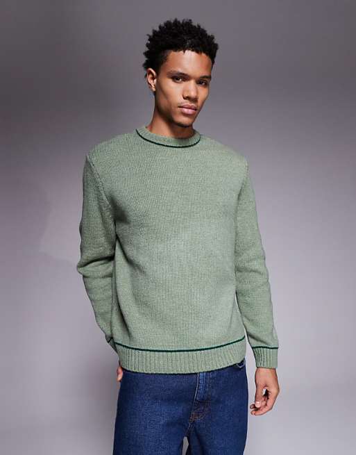 DESIGN relaxed knitted crew neck jumper in green with contrast stitch