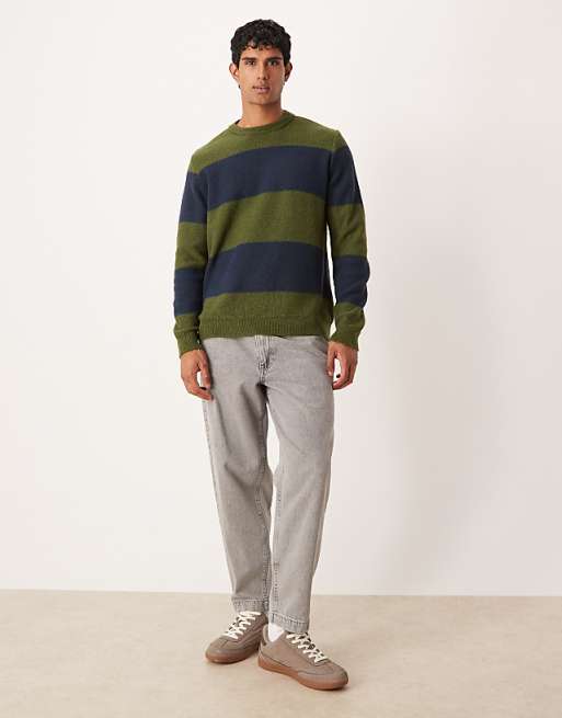 DESIGN Relaxed Knitted Crew Neck Jumper In Green And Navy Stripe