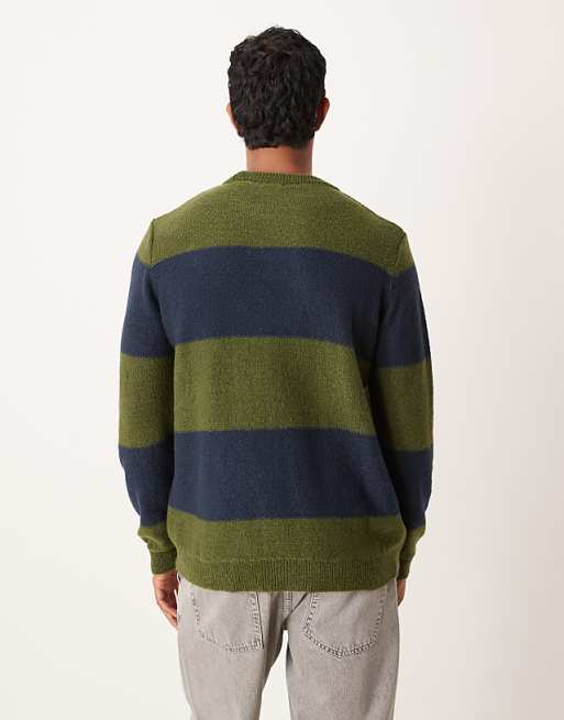 DESIGN Relaxed Knitted Crew Neck Jumper In Green And Navy Stripe