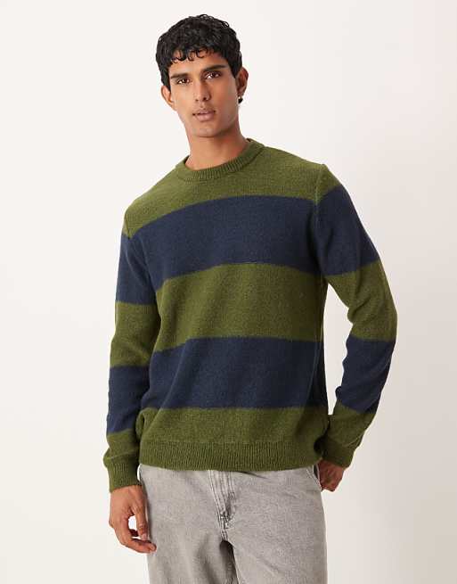 DESIGN relaxed knitted crew neck jumper in green and navy stripe