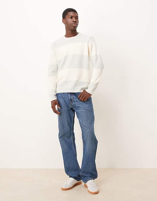 DESIGN Relaxed Knitted Crew Neck Jumper In Grey And White Stripe
