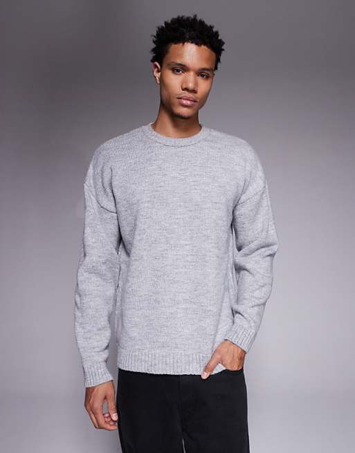 DESIGN relaxed knitted crew neck jumper in grey