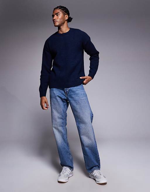 DESIGN Relaxed Knitted Crew Neck Jumper In Navy