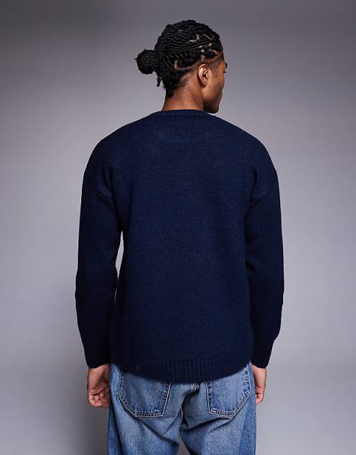 DESIGN Relaxed Knitted Crew Neck Jumper In Navy