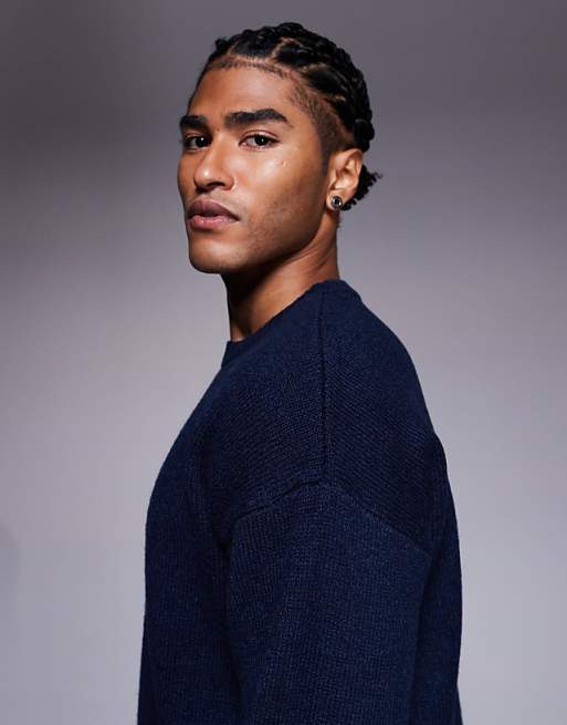 DESIGN Relaxed Knitted Crew Neck Jumper In Navy