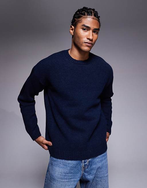 DESIGN relaxed knitted crew neck jumper in navy