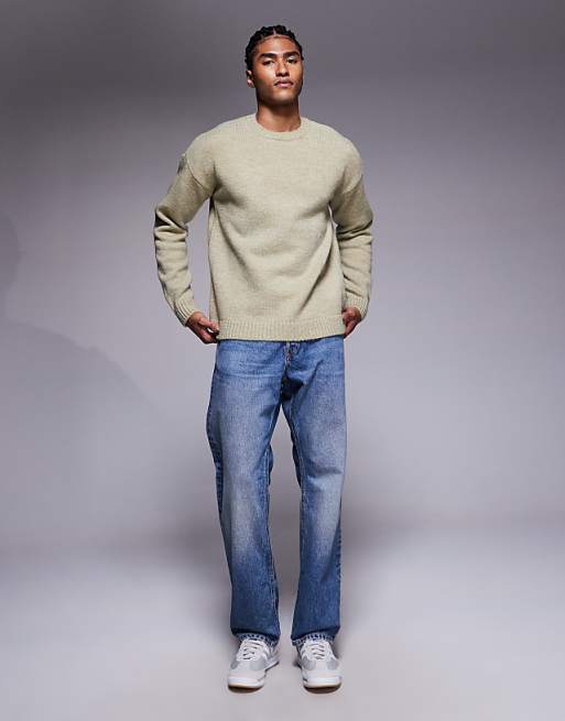 DESIGN Relaxed Knitted Crew Neck Jumper In Sage Green