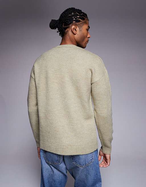 DESIGN Relaxed Knitted Crew Neck Jumper In Sage Green