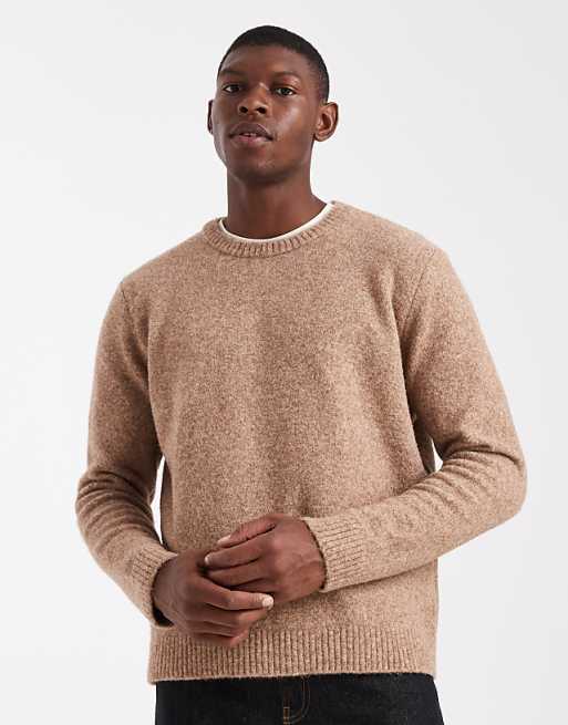 DESIGN relaxed knitted crew neck jumper in tan marl