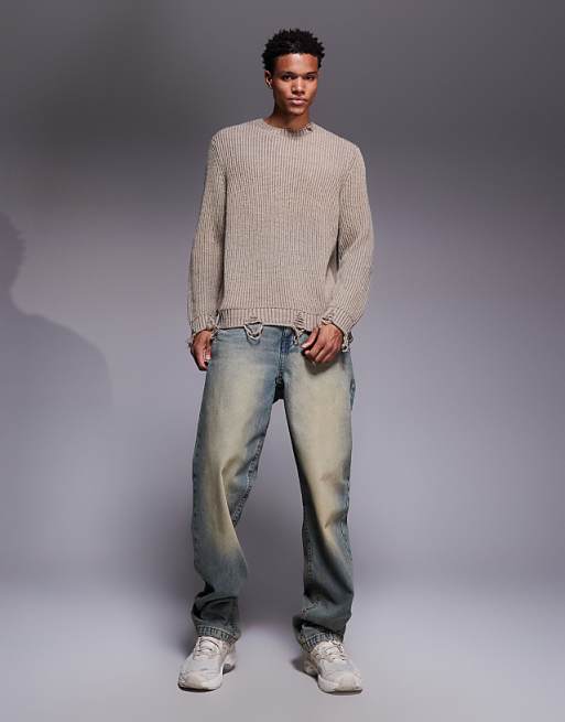 DESIGN Relaxed Knitted Crew Neck Jumper With Raw Edge In Ecru