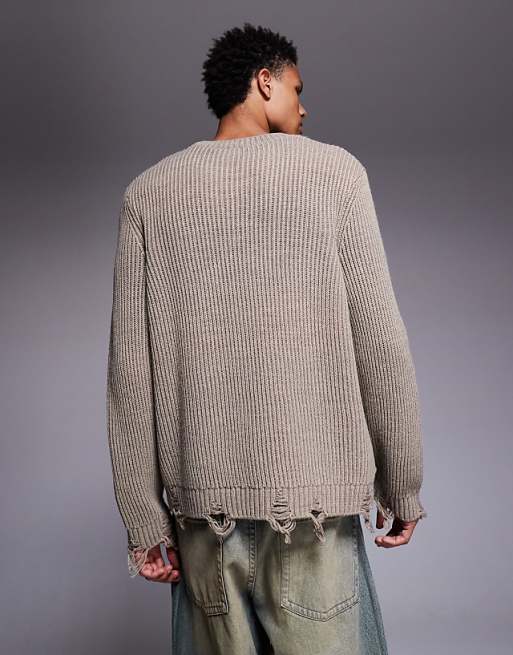 DESIGN Relaxed Knitted Crew Neck Jumper With Raw Edge In Ecru