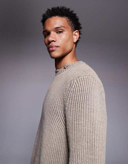 DESIGN Relaxed Knitted Crew Neck Jumper With Raw Edge In Ecru