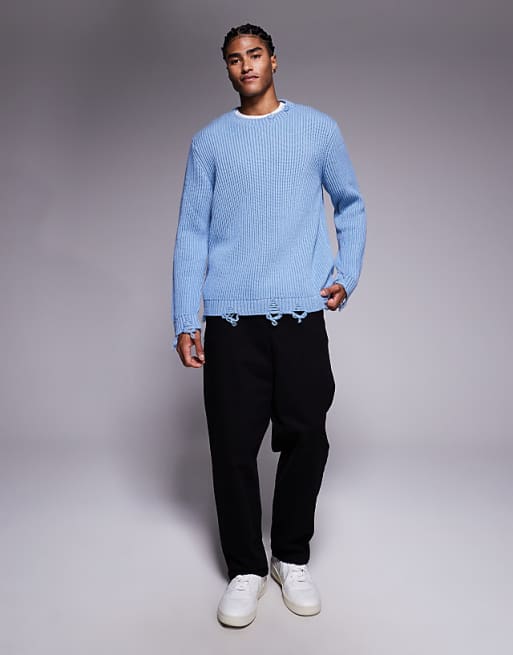 DESIGN Relaxed Knitted Crew Neck Jumper With Raw Edge In Blue
