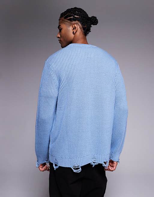DESIGN Relaxed Knitted Crew Neck Jumper With Raw Edge In Blue