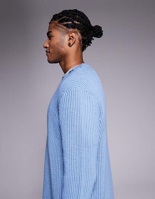 DESIGN Relaxed Knitted Crew Neck Jumper With Raw Edge In Blue