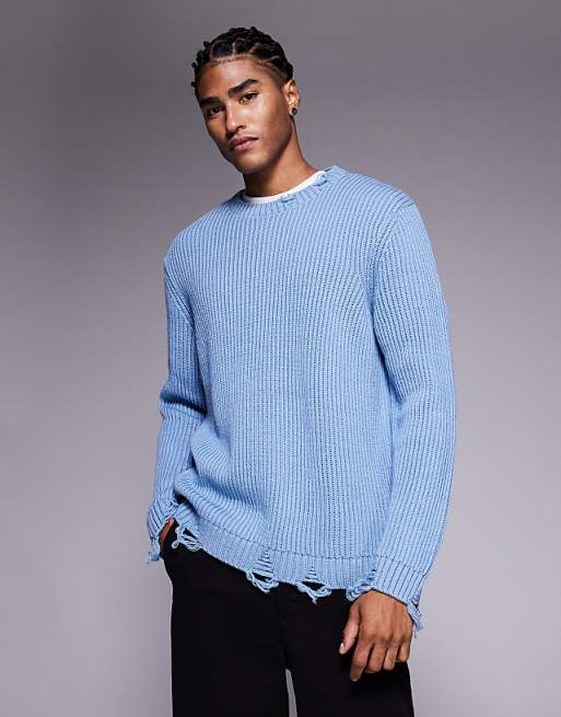 DESIGN relaxed knitted crew neck jumper with raw edge in blue