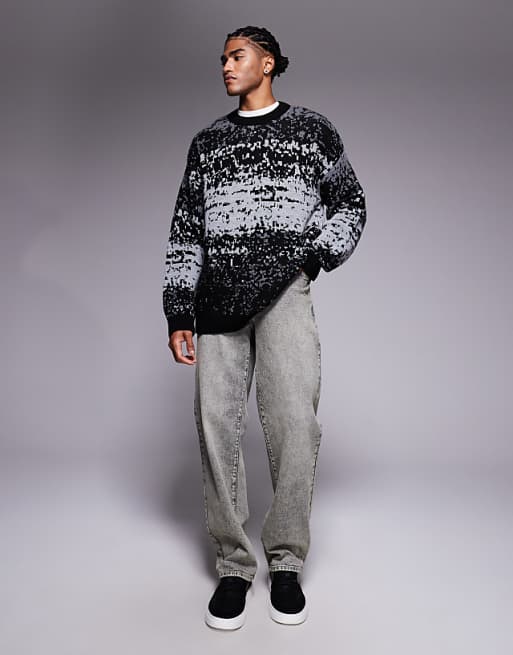 DESIGN Relaxed Knitted Crew Neck Jumper With Abstract Pattern In Grey