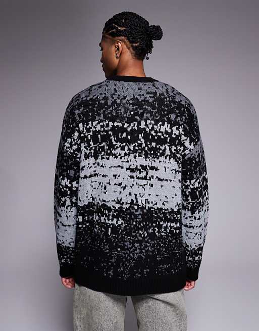 DESIGN Relaxed Knitted Crew Neck Jumper With Abstract Pattern In Grey
