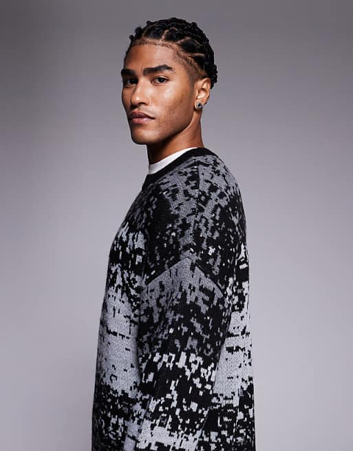DESIGN Relaxed Knitted Crew Neck Jumper With Abstract Pattern In Grey
