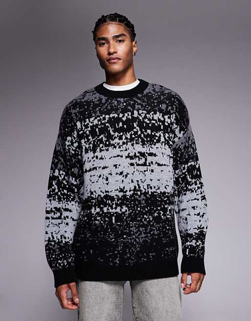 DESIGN Relaxed Knitted Crew Neck Jumper With Abstract Pattern In Grey