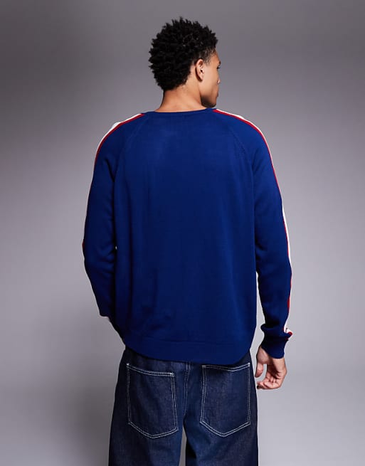 DESIGN Relaxed Knitted Crew Neck Jumper With 95 Graphic In Navy