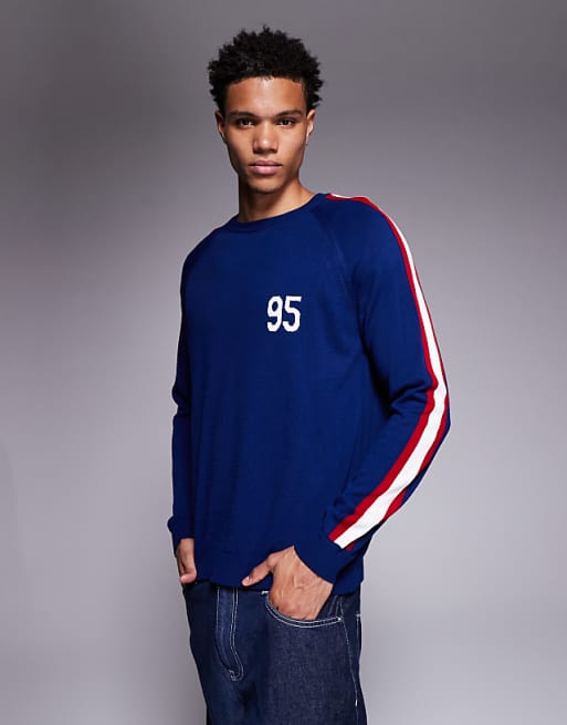 DESIGN relaxed knitted crew neck jumper with 95 graphic in navy