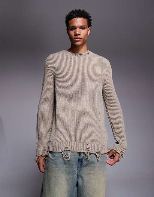 DESIGN relaxed knitted crew neck jumper with raw edge in ecru