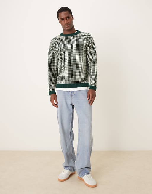 DESIGN Relaxed Knitted Crew Neck Stripe Jumper In Green
