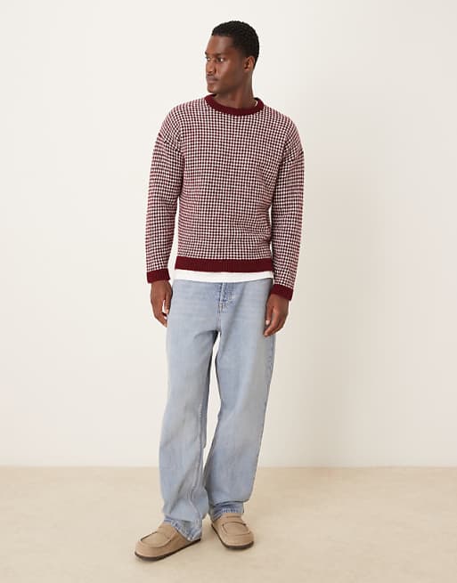 DESIGN Relaxed Knitted Crew Neck Stripe Jumper In Burgundy