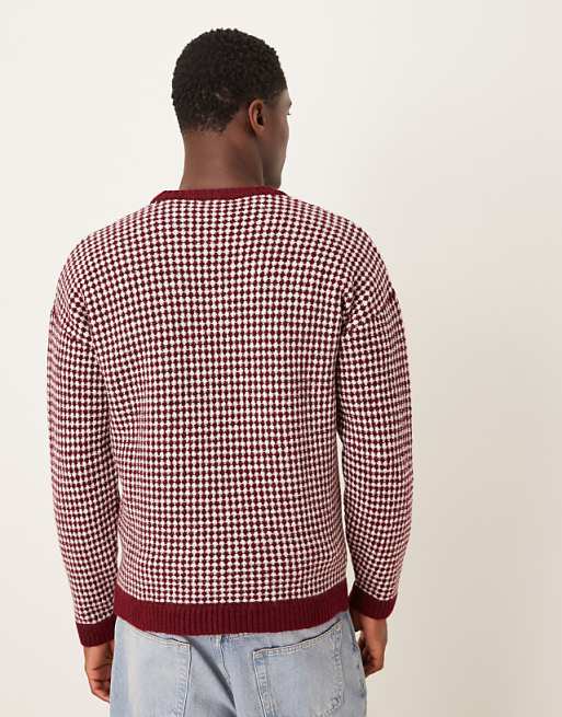 DESIGN Relaxed Knitted Crew Neck Stripe Jumper In Burgundy