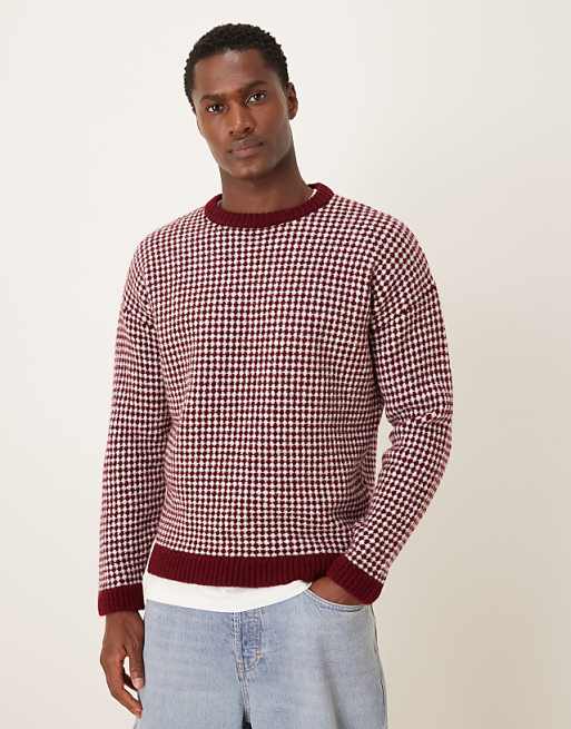 DESIGN relaxed knitted crew neck stripe jumper in burgundy