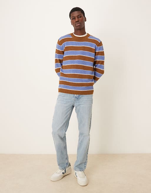 DESIGN Relaxed Knitted Crew Neck Stripe Jumper In Navy